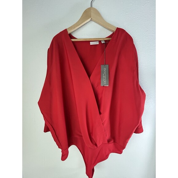 Eva Mendes by New York & Co V-Neck‎ Woman's Vibrant Red Draped Bodysuit Size 1X - Picture 2 of 9